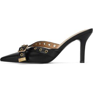 Women's Black Faux Leather Pointed Closed Toe Kitten Bow Stiletto Pumps Heels